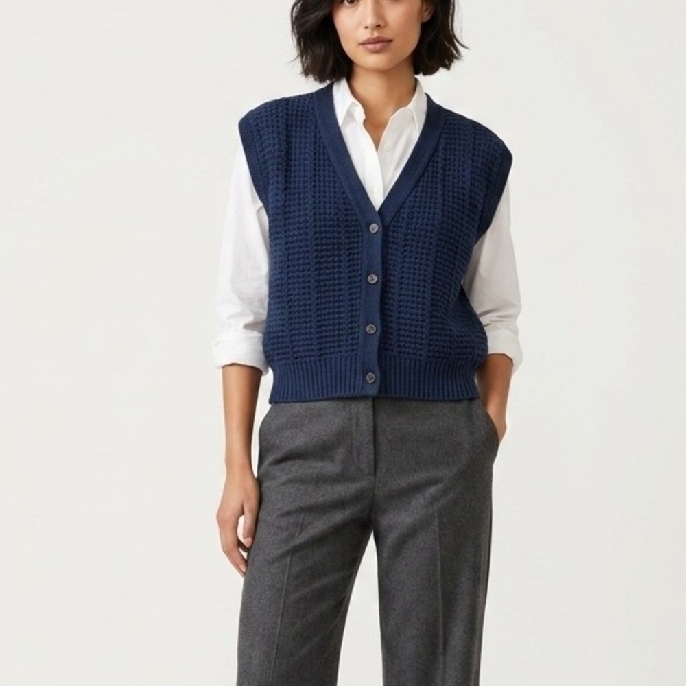 Pendleton Wool Vest Women's Medium Blue Vintage Open Knit Button Front V-Neck